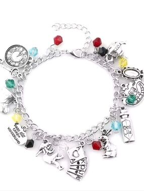 Alice in Wonderland Silver Charm Bracelet Mad Hatter Cheshire Cat